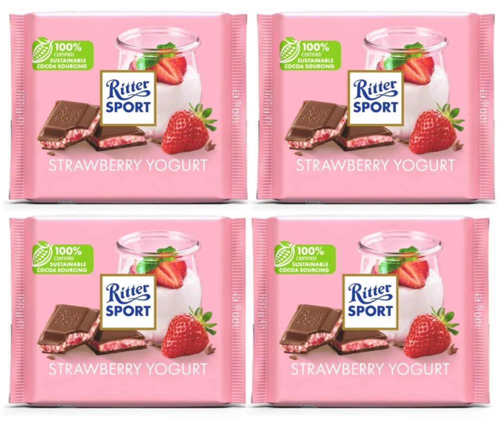 Ritter Sport Chocolate 100% Certified, Strawberry Yogurt Chocolate 100g x 4 Pack